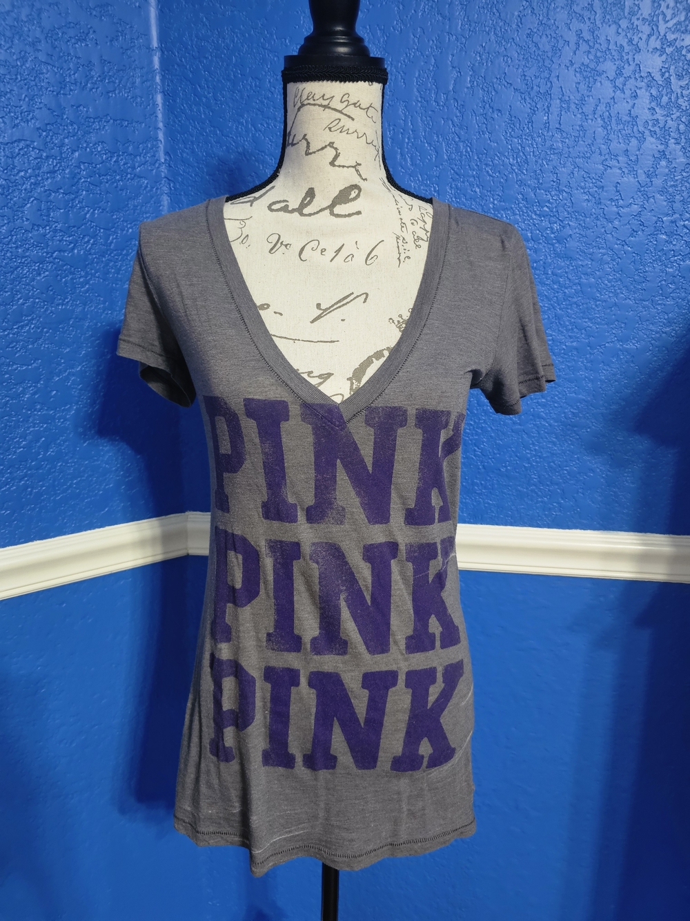 PINK Victoria's Secret Gray V-Neck Tee with Purple Logo
